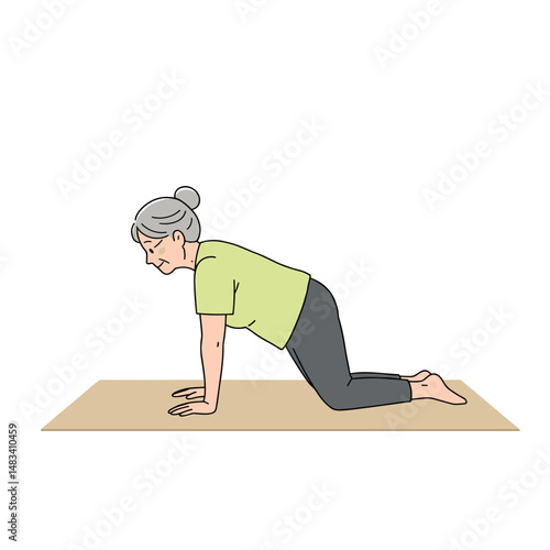 Elderly woman doing exercises on a mat at home. Vector illustration about health and physical activity of elderly people. Style - minimalism, pastel colors, white background.