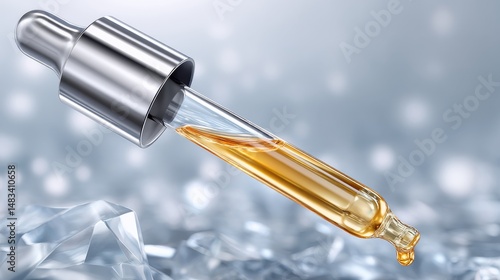 Silver Dropper Releasing Golden Serum Against Soft Focus Background with Glimmering Ice Accents