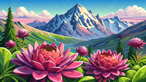 Closeup of beautiful pink flowers Sempervivum montanum or Houseleeks growing in the mountain meadow Summer landscape with Mont Blanc massif Monte Bianco at the background Aosta Valley : Generative . v