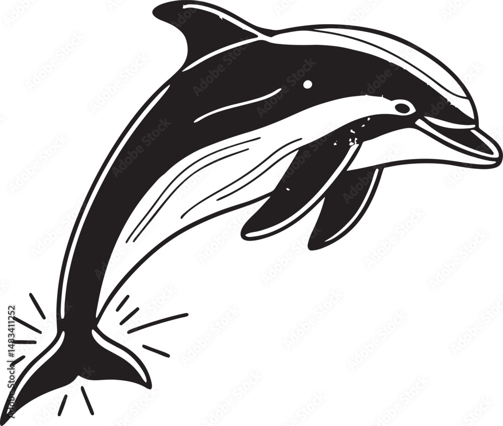 Naklejka premium Vintage Engraving woodcut dolphin swimming retro vector art illustration design