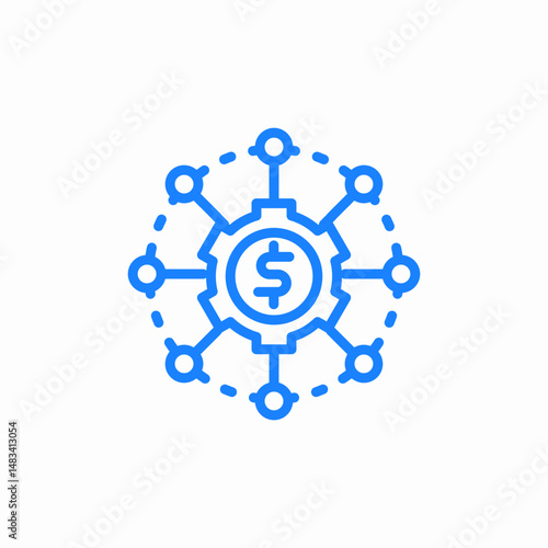 dollar surrounded by small circles connected by lines financial distribution payment network cash flows icon sign vector