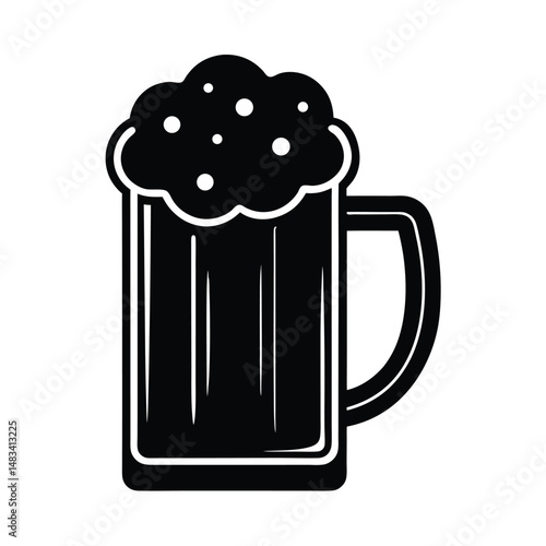 Frosty Beer Mug Black Silhouette, Foamy Head, Drink Icon