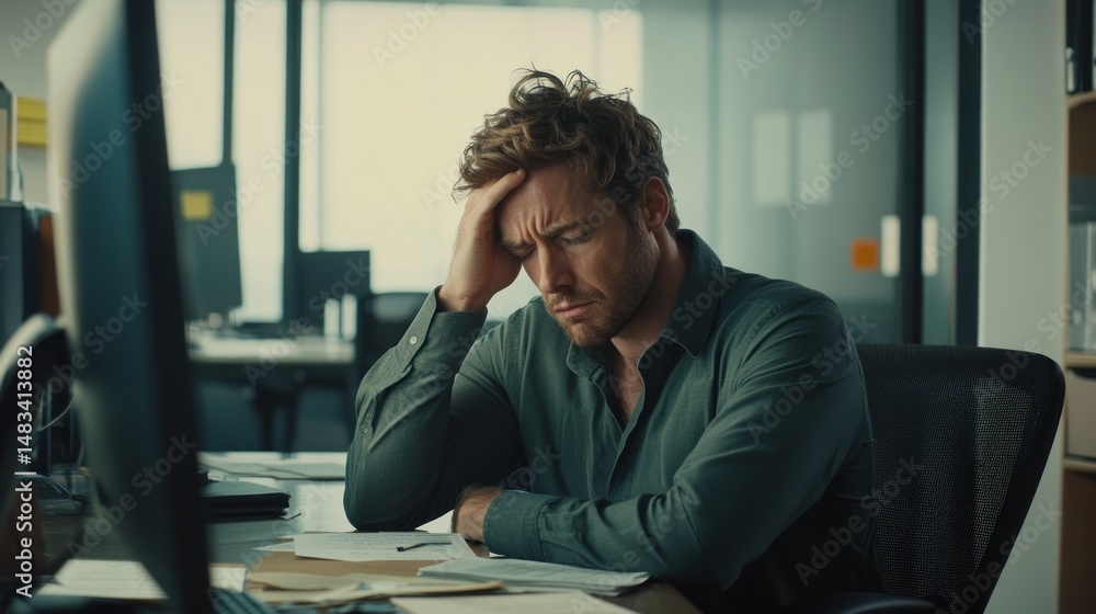 Despairing mans office breakdown Overwhelmed at desk Despairing mans office breakdown Overwhelmed at desk