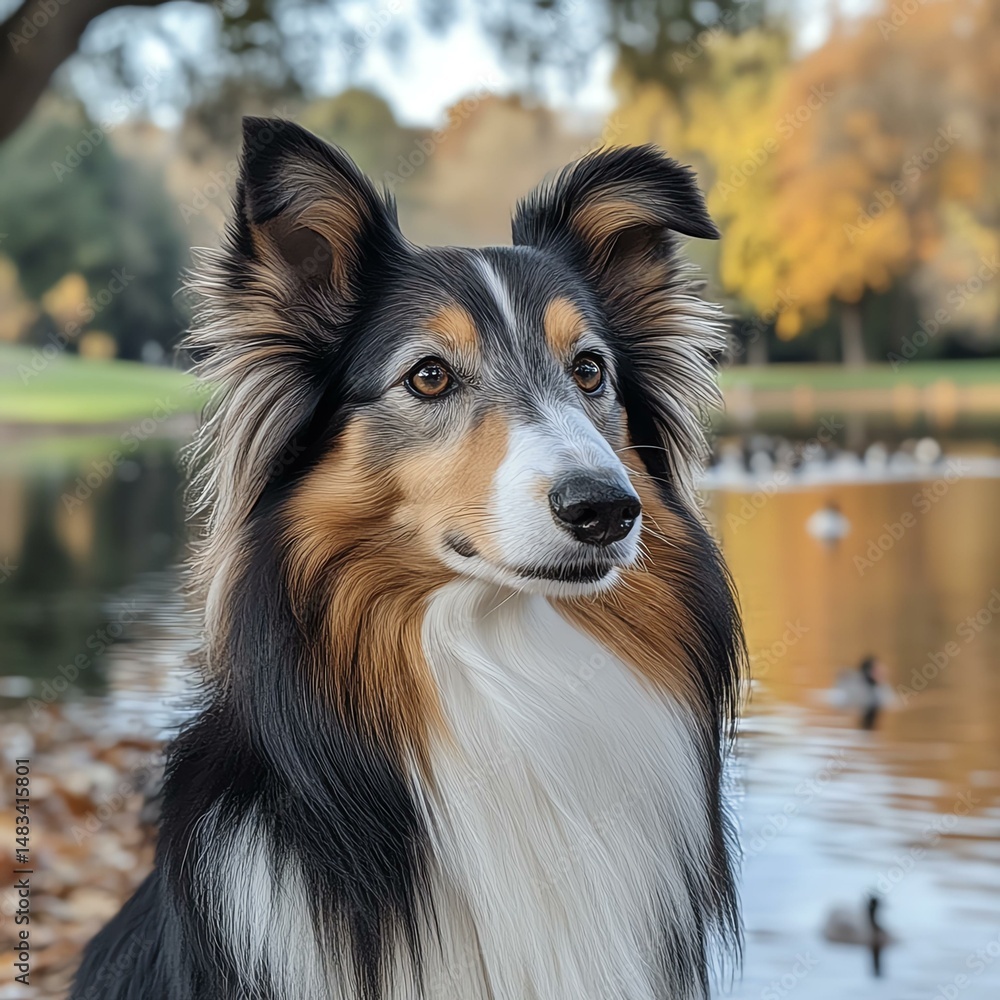 Fototapeta premium A beautiful collie standing by a calm lake.