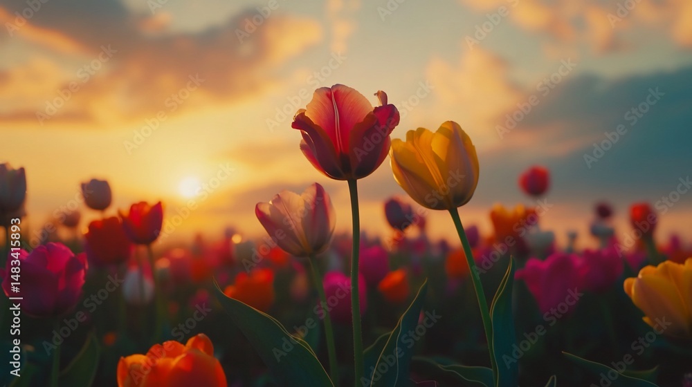 Fototapeta premium Vibrant tulip field at sunset