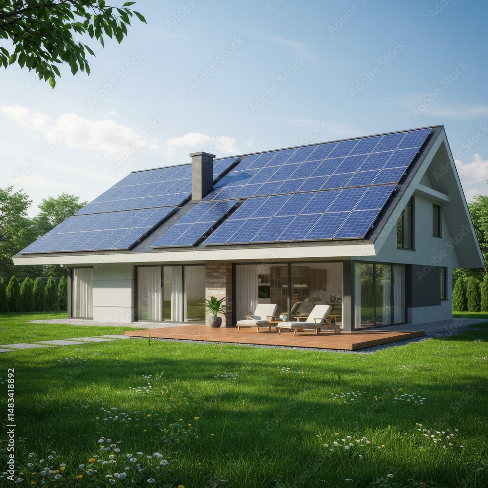 Fototapeta premium Modern House with Solar Panels and Deck