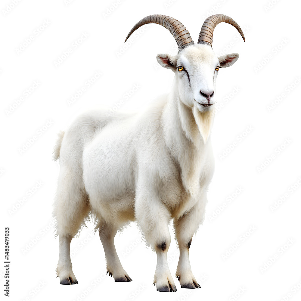 Obraz premium A full body shot of a white mountain goat isolated against a plain black background looking forward