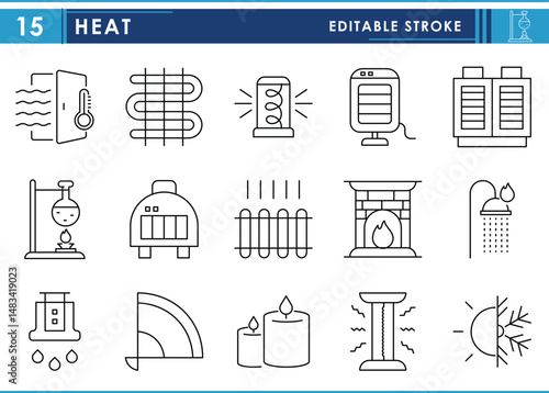 A set of line icons related to heat. Temperature, heat, hot, heater, oven, shower, and so on. Vector editable stroke.
