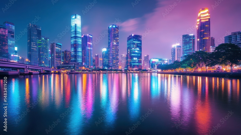 Fototapeta premium Night Cityscape Reflection: Vibrant Urban Lightscape