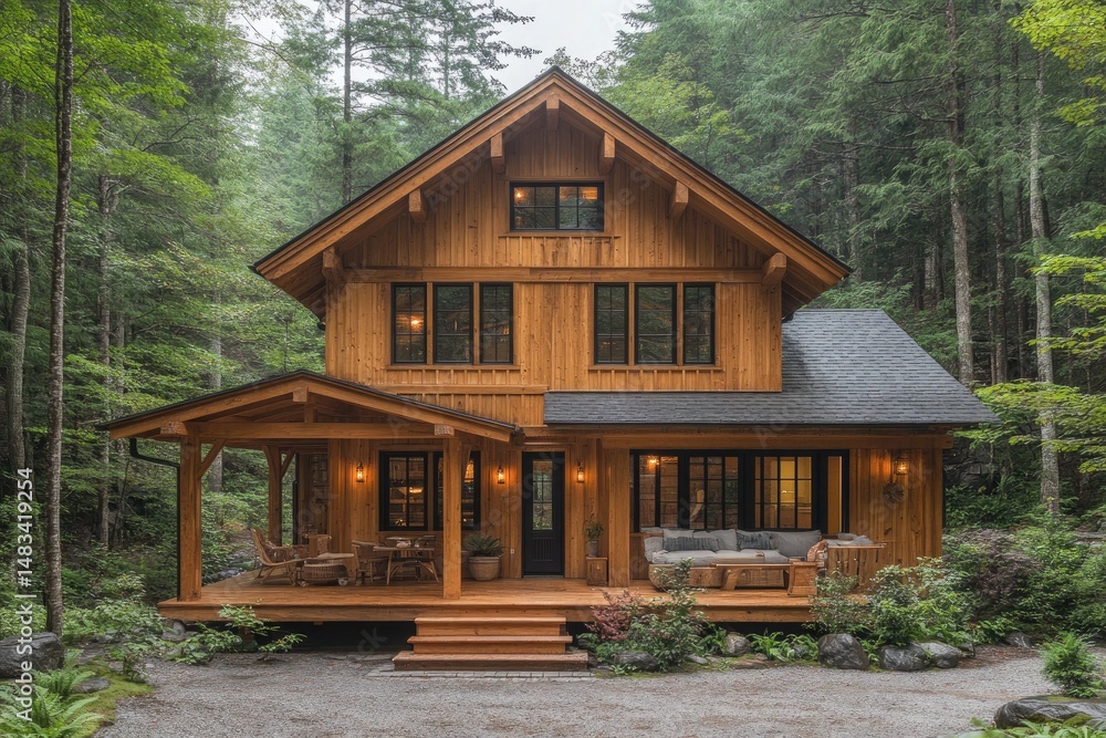 Wooden cabin in the forest is seen from its front porch. Picture promotes relaxation, vacation, and the architectural style. Wooden cabin in the forest is seen from its front porch. Picture promotes relaxation, vacation, and the architectural style.