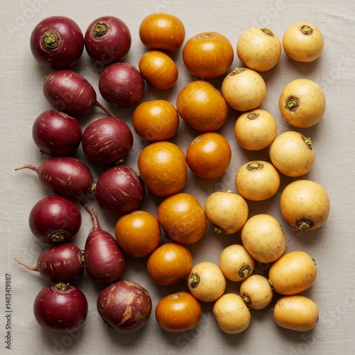 Colorful Radishes and Turnips Flat Lay