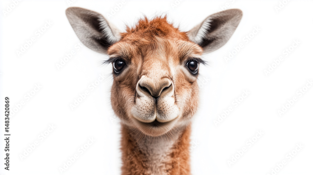 Obraz premium a guanaco, a South American camelid, against a white background. The animal directly faces the camera with a soft, almost smiling expression. Its fur is light brown, and its eyes are large and dark