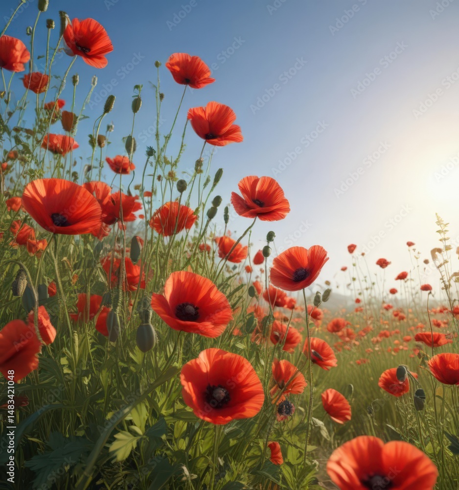 Fototapeta premium Vibrant red poppies bloom in a sun-drenched summer meadow , summer meadow, peaceful, meadow