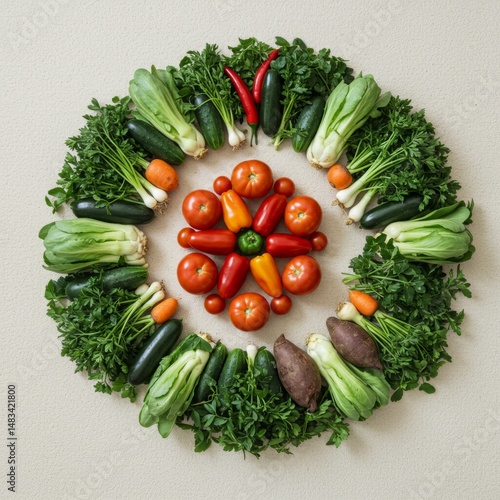 Colorful Vegetable Arrangement:  Red Peppers and Tomatoes in a Green Circle