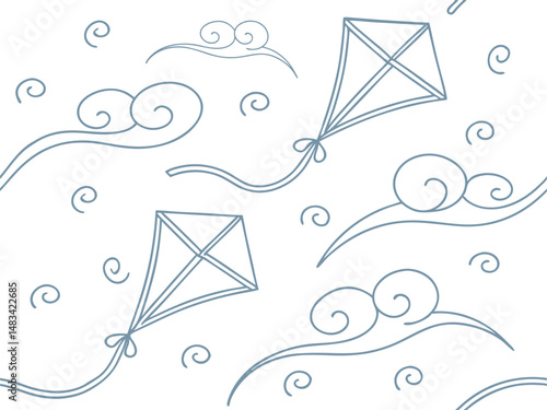 Seamless kite and wind swirl pattern in minimalist blue line style. Ideal for kids’ prints, sky-themed projects, and playful design. Great for fabric, wrapping paper, and backgrounds.