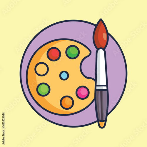 Colorful Artist's Palette and Paintbrush Isolated on a Light Yellow Background