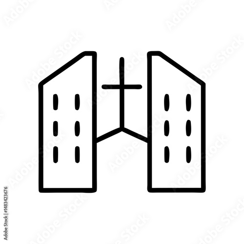 Split Front Office Building Icon Representing Corporate Headquarters, Business Infrastructure, and Commercial Architecture