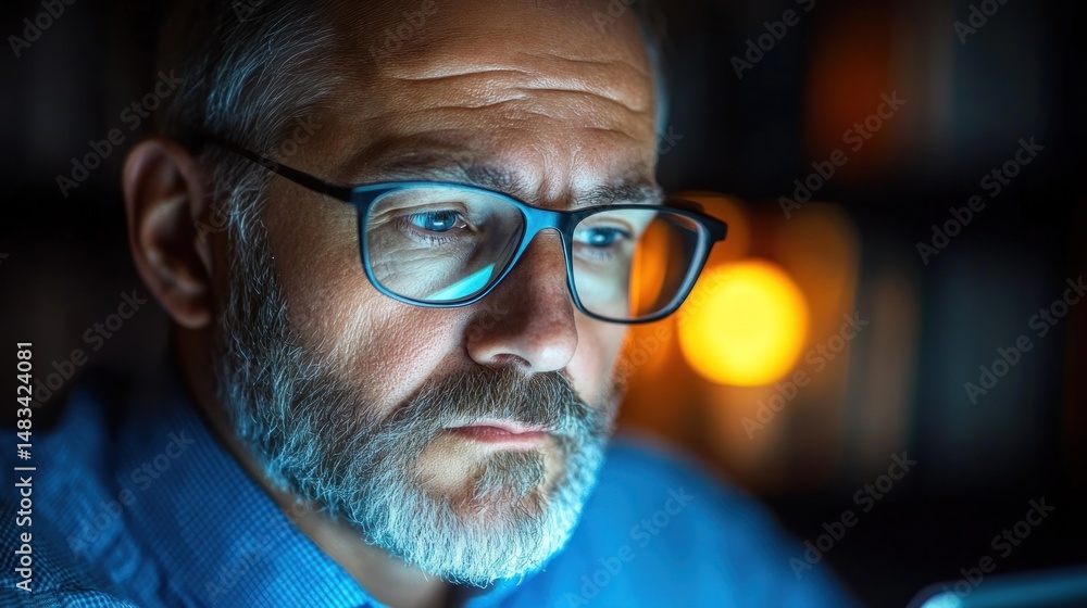 Man intently focuses on phone screen in dimly lit room during evening study session Man intently focuses on phone screen in dimly lit room during evening study session