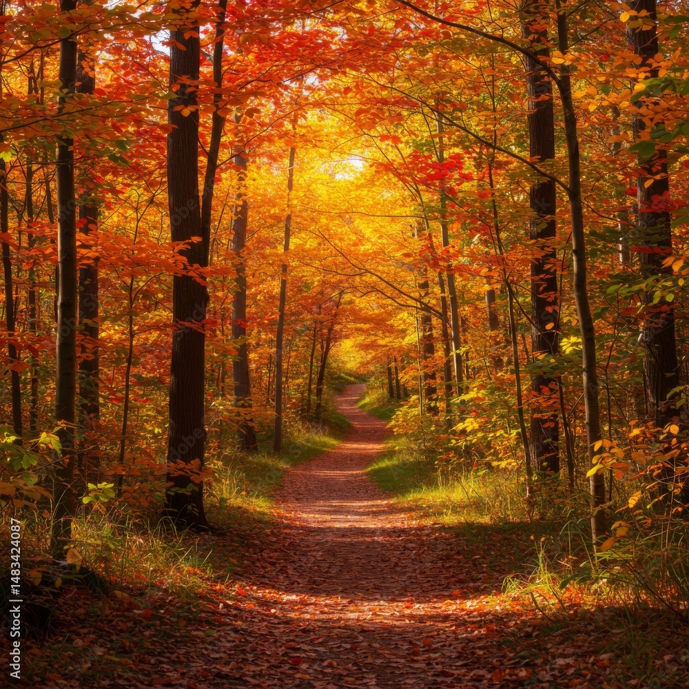 Fototapeta premium Autumn Forest Path: Sunlight Through Red And Gold Leaves