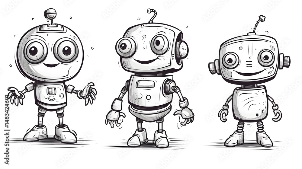 Fototapeta premium Cute Robot Doodle Character Depicting Metal Computer Man in a Funny Pose