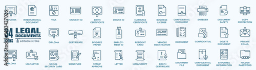 Legal documents set of web icons in line style. Document linear icons collection. Containing passport, contract, agreement, ID card, certificate, license, law, justice. Editable stroke