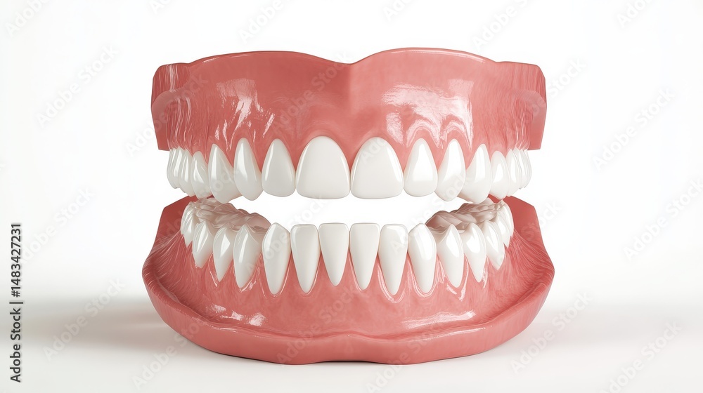 Fototapeta premium Close-up view of a dental model of a complete upper and lower set of teeth.