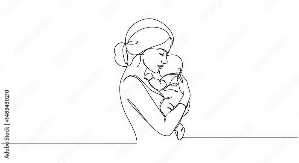 Elegant single line art depicting maternal bond between mother and child Elegant single line art depicting maternal bond between mother and child
