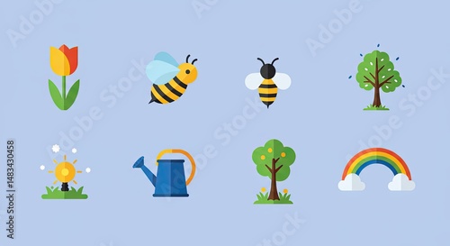 Delightful collection of spring season flat design icons on a light blue background