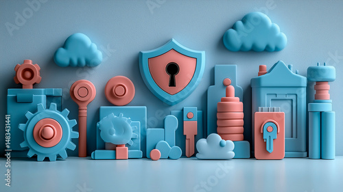 Product photo of a stylized set of objects made in the form of physical figures: a lock, a shield, a key, a USB key, a cloud, and a gear. All elements are made of smooth plastic and painted in bright 