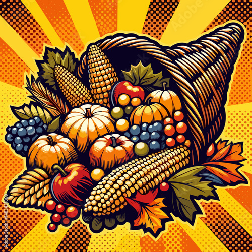 Thanksgiving cornucopia in bright pop art vector style