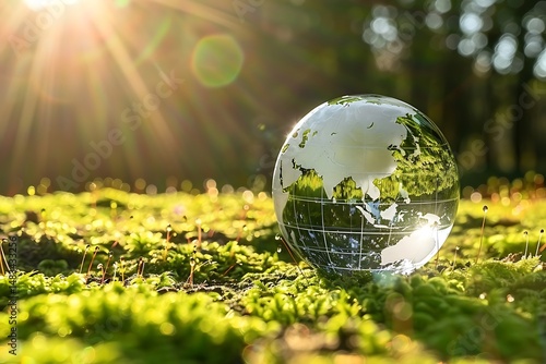 Glass Crystal Ball on Forest Moss with Sunlight Reflection – Magical Nature Photography Concept 