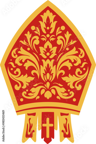 Baroque Bishop Mitre with Ornate Gold Cross and Floral Design on Red – Religious Vestment Vector Illustration