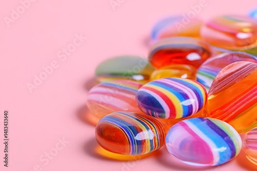 Bright Colorful Glass Marbles on Pink Background – Playful Abstract 3D Composition  

