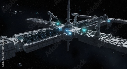 Fototapeta Naklejka Na Ścianę i Meble -  A futuristic space station with robotic arms and cargo containers in deep space view