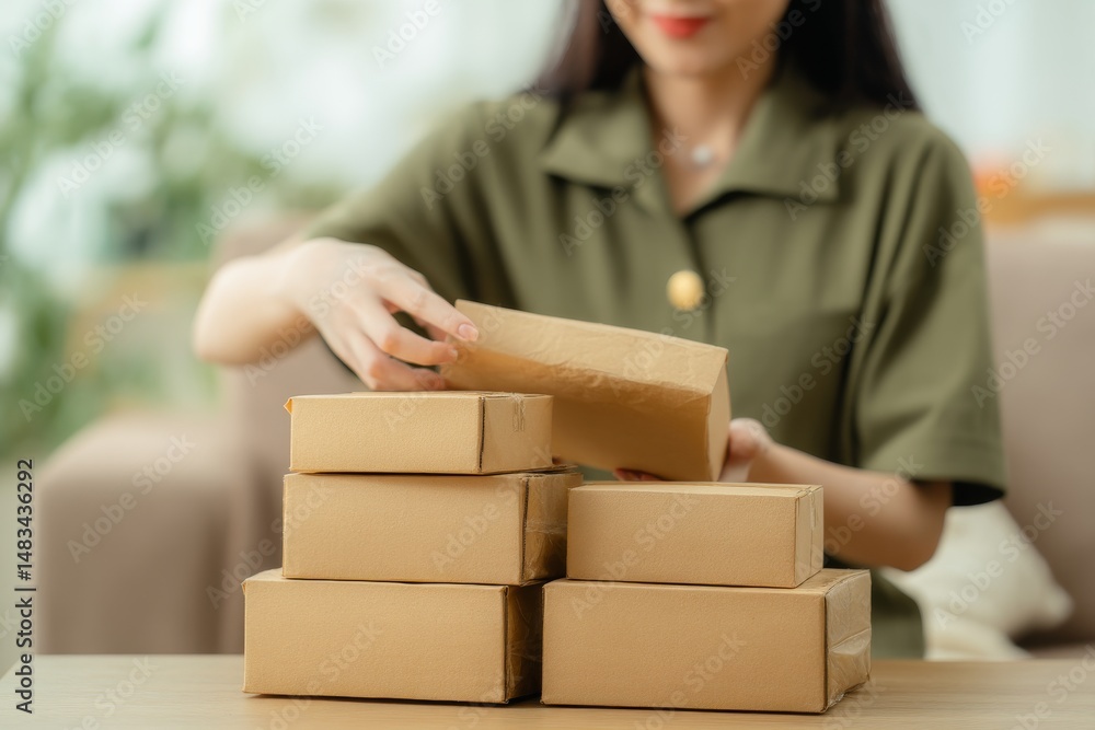 close up of a woman's hand unpacking a parcel with a pile of parcel boxes on a table with a blurred living room background close up of a woman's hand unpacking a parcel with a pile of parcel boxes on a table with a blurred living room background