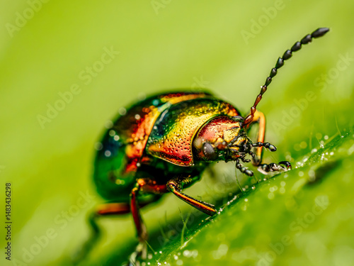 Colorful dead-nettle leaf beetle Resting on Vibrant Green Leaf in Macro Close-Up