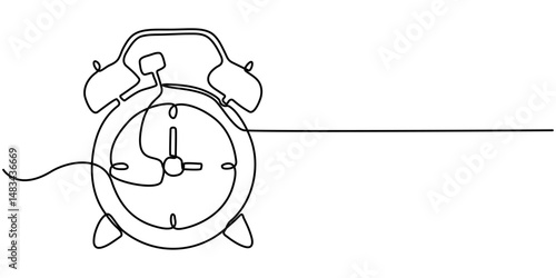 alarm clock continuous one line drawing, Alarm Clock Continuous Line Drawing with Editable Stroke, Stopwatch Continuous Line Icon, Continuous one line drawing of vintage alarm clock vector design. 