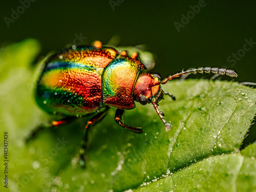 Colorful dead-nettle leaf beetle Resting on Vibrant Green Leaf in Macro Close-Up