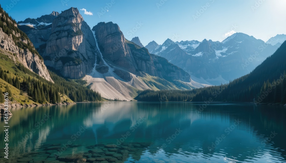 Naklejka premium Majestic Mountain Lake Reflection: A Serene Escape in Nature