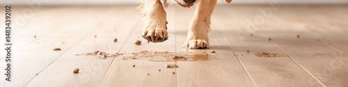 Muddy dog joyfully dashes inside, leaving paw prints on clean floors after a refreshing rainstorm