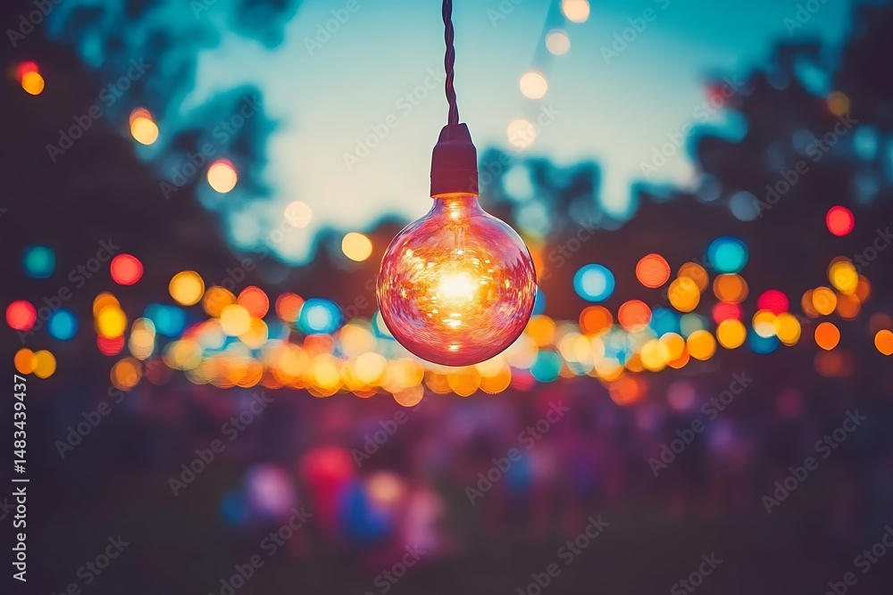 Obraz premium Warm illumination lightbulb in focus with bokeh lights in the background