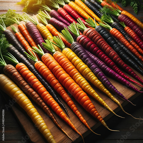 Harvest of seasonal carrots with leaves close-up on the table. Harvest season, eco-friendly vegetable growing.