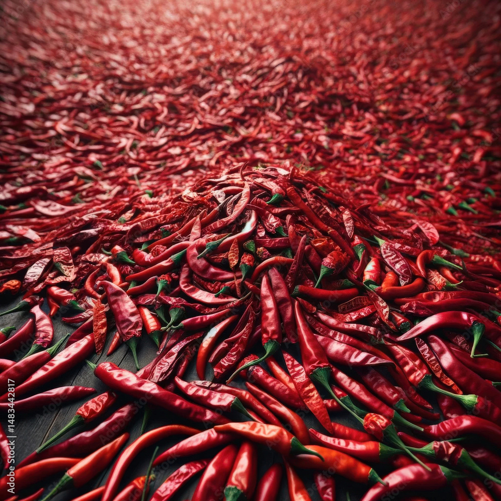 Fototapeta premium Overhead view of dry red pepper. Close-up chili peppers. Red and green background. Concept growing and harvesting organic vegetables.