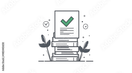 Minimalist Line Art of Books with Checklist and Checkmark for Education and Task Completion Concepts