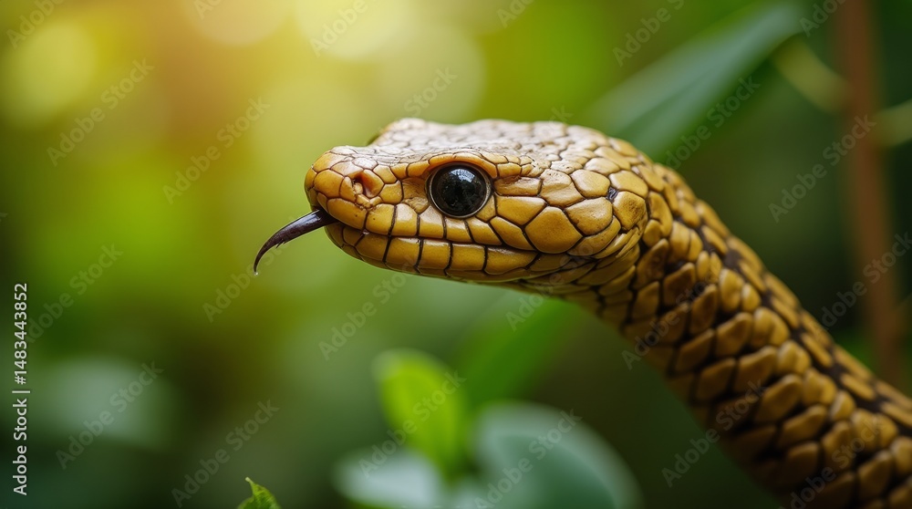 Curious Gaze: The vibrant serpent, with a keen eye and extended tongue, explores the dense foliage, embodying the essence of the wild. Curious Gaze: The vibrant serpent, with a keen eye and extended tongue, explores the dense foliage, embodying the essence of the wild.