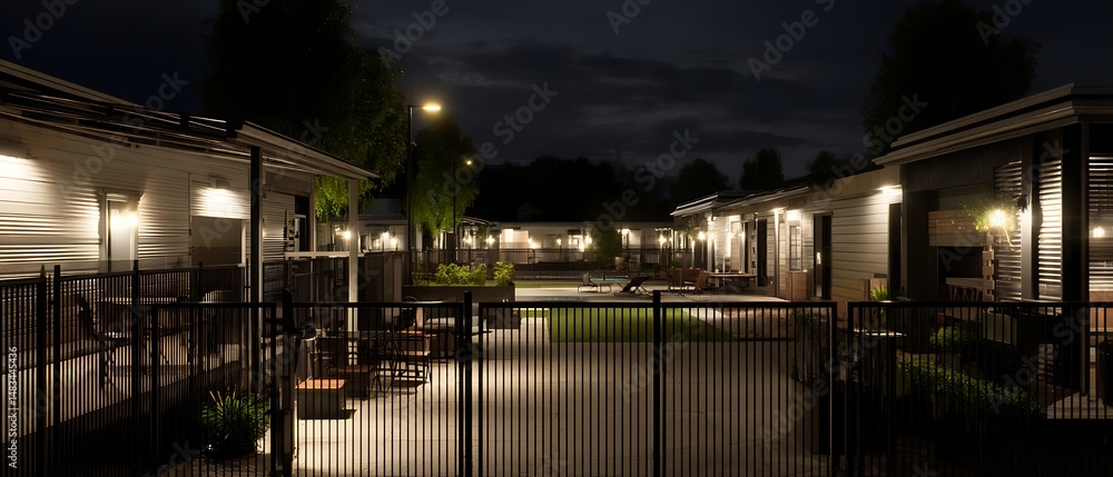 Obraz premium Gated community with a patio captured in soft ambient lighting, showing modern architecture, detailed textures, and clean surroundings.