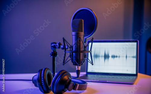 A professional podcast setup photographed in a dark studio with purple and blue ambient lighting