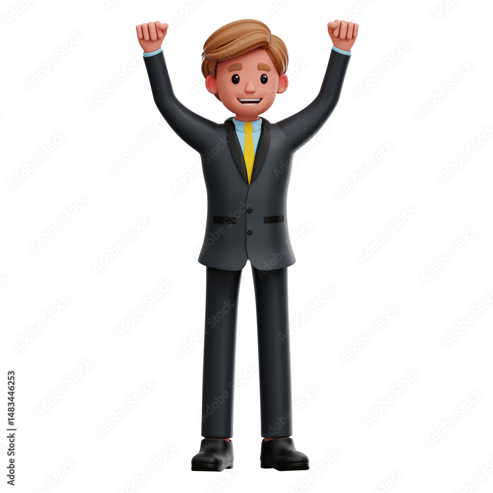 3D businessman character raising hands in celebration of success. 3D businessman character raising hands in celebration of success.