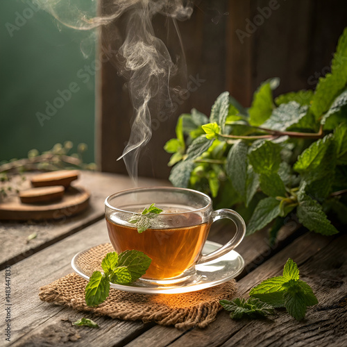 cup of green tea with mint
