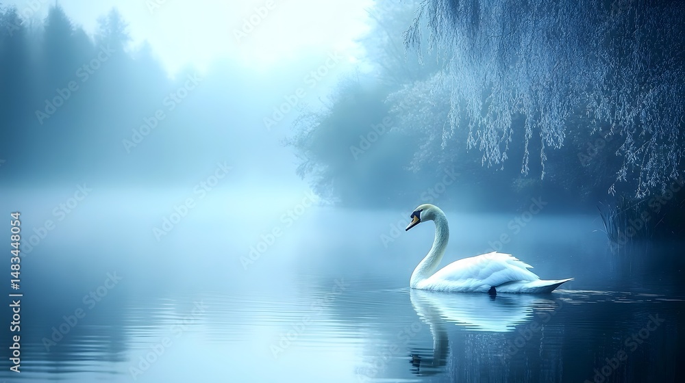 Obraz premium A solitary swan gracefully gliding across a misty lake, its elegant white feathers standing out against the tranquil water.